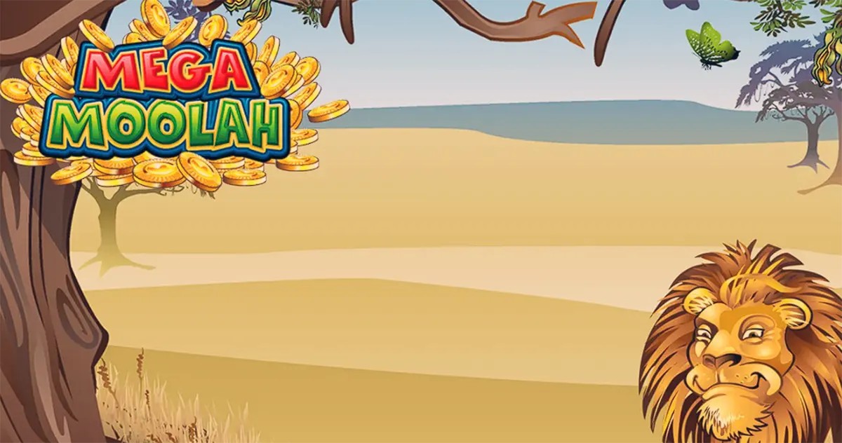 A colourful Mega Moolah slot banner showing a sunny African savannah landscape with trees, a lion illustration on the right side, butterflies, and the Mega Moolah logo surrounded by gold coins.